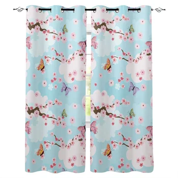 

Butterfly Flower Cherry Blossom Pink Window Curtains Cartoon Living Room Kitchen Curtains for Bedroom Left and Right Open