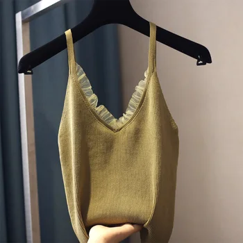 

Panel Lace Mesh V-neck Sexy Knit Camisole Top Women's New Slim-Fit Tank Top Ladies Knitwear Top Mujer Nancylim