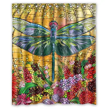 

Colorful Dragonfly and Flower Design Home Decor Shower Curtain Sets with Hooks Polyester Fabric Great Gift