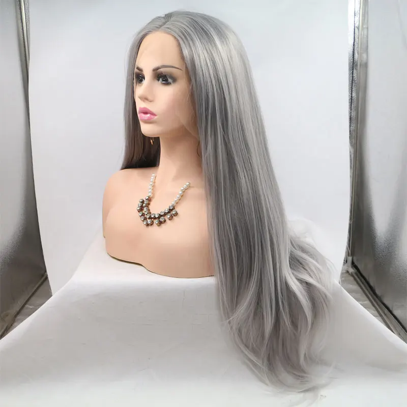 2" Сивер серый синтетический 13*3 дюймов парик фронта шнурка натуральный прямой термостойкие волокна волос средний пробор для женщин вечерние парик