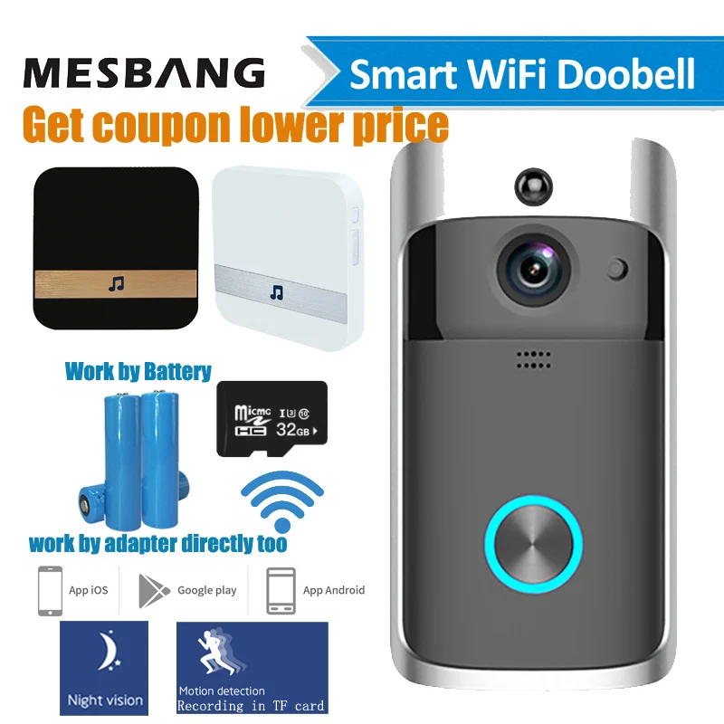 wifi video doorbell wireless door intercom camera battery power smart door bell phone calling with chime TF card free shipping