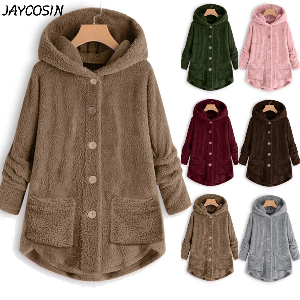 JAYCOSIN, Женское пальто, плюс размер, одноцветное, плюшевое, на пуговицах, с карманами, свободный, длинный, с капюшоном, толстовка, кардиган, пальто, зимняя, теплая, повседневная верхняя одежда