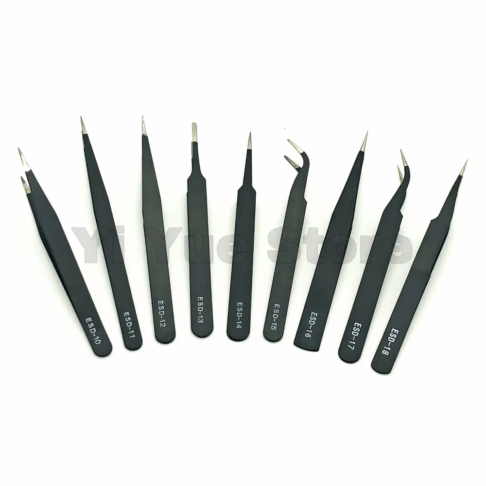 Description Picture 4 of item9 Types Anti-static ESD Stainless Steel Tweezers Maintenance Tools Industrial Precision Curved Straight Tweezers Repair Tools