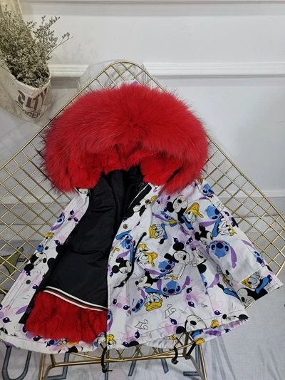 Детская зимняя куртка с отделкой из меха, пальто для мальчиков и девочек утепленное пальто из меха кролика с граффити, Детская меховая куртка для девочек, TZ147 - Цвет: Micky Red Fur