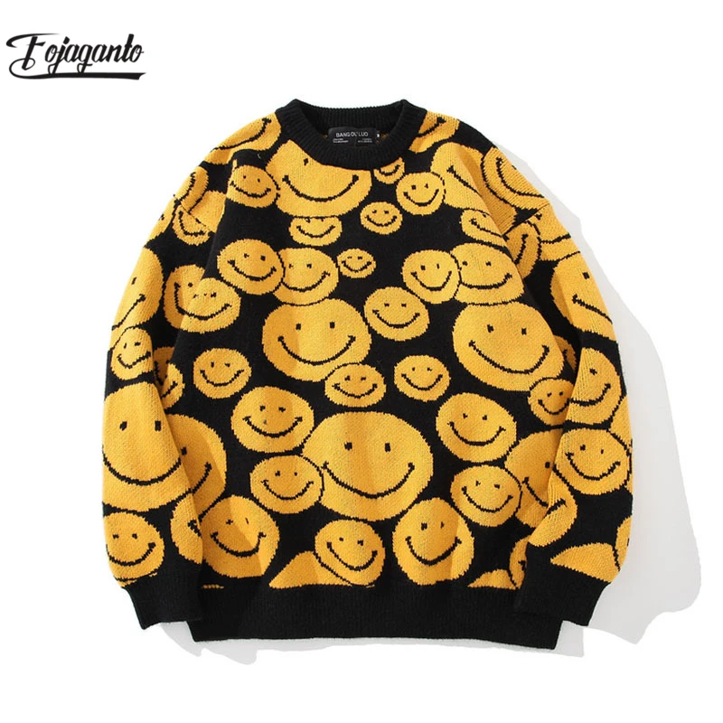 Fojagoto-suéteres de gran tamaño para hombre, Tops de otoño e invierno, ropa de dibujos animados con sonrisa de dibujos animados, ropa de calle de hip hop, Jersey Harajuku, 2021