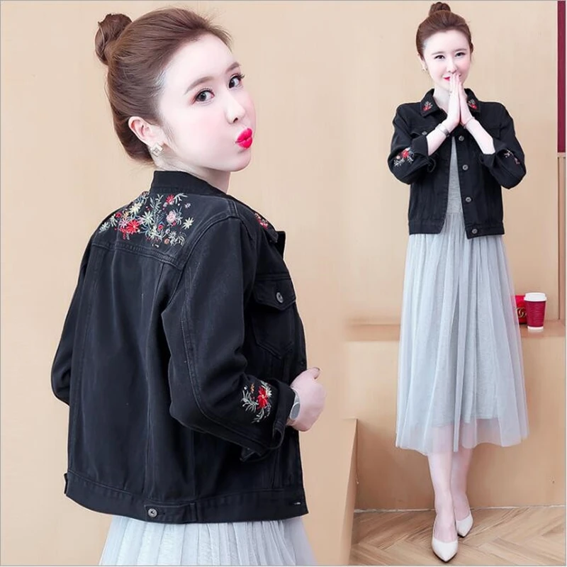 

Womens Black Denim Jacket 2020 Autumn Fashion Embroidery Flower Jean Coats and Jacket Women High Quality Ladies Casual Clothing