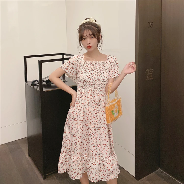 Short Sleeve Dress Women Chiffon Floral Knee-length High Waist Pleated Square Collar Chic Retro Girls Elegant Stylish Simple New fancy dress