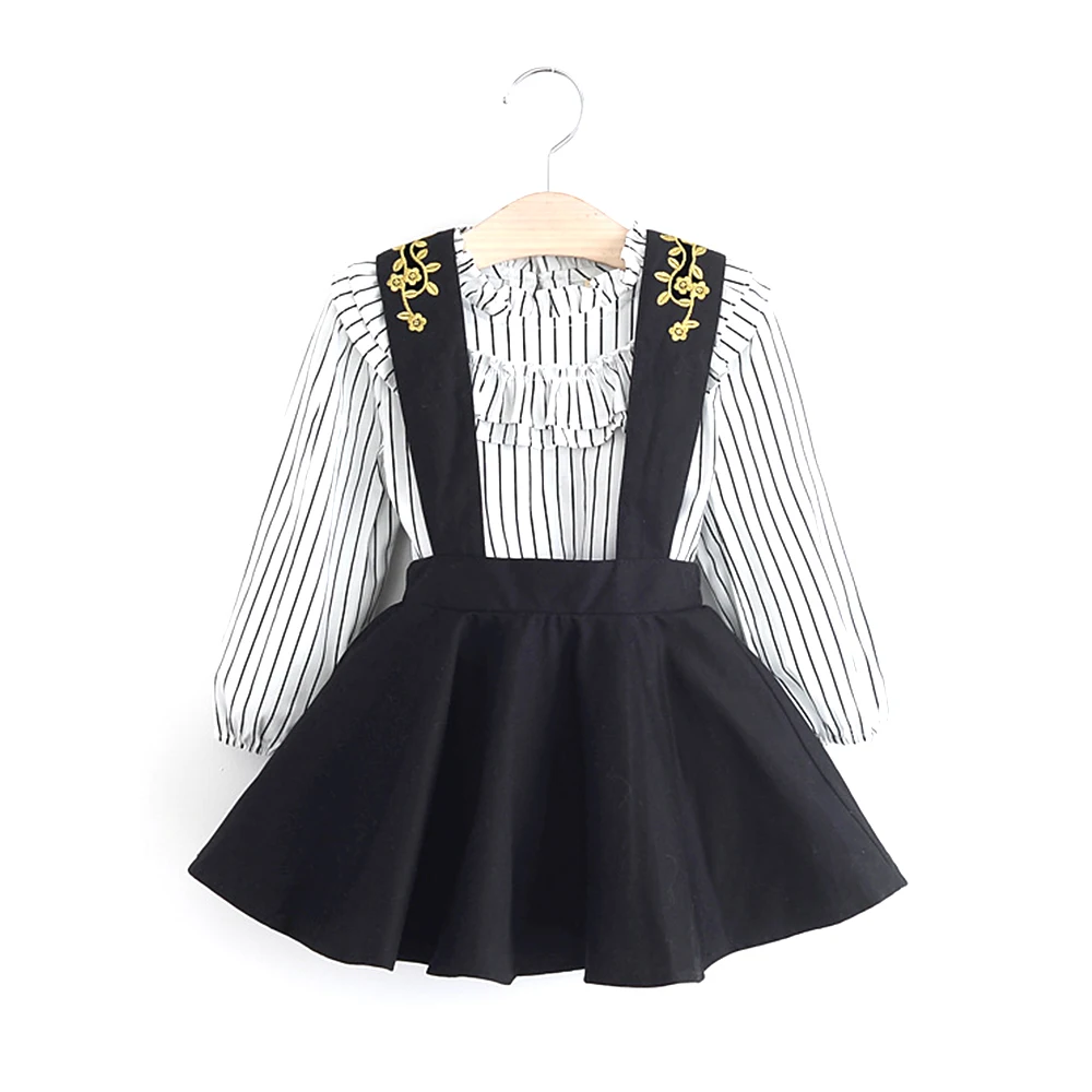 

2Pcs Kids Baby Girls Spring Long Sleeve Shirt with Vertical Stripes Tops Embroidered Leaves Skirt Overalls Clothes Outfits Set