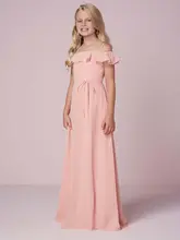 Pink Cheap Junior Bridesmaid Dresses Under 50 A-line Boat Neck Shoulder Ruffles Floor Length Chiffon Long Wedding Party Dresses