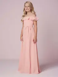 Pink Cheap Junior Bridesmaid Dresses Under 50 A-line Boat Neck Shoulder Ruffles Floor Length Chiffon Long Wedding Party Dresses