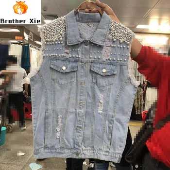 

Sleeveless Wool Edge Worn Waistcoat Girls Summer New Hand Studded Bead Jeans Short Jacket Student Street Jackets Denim Coats
