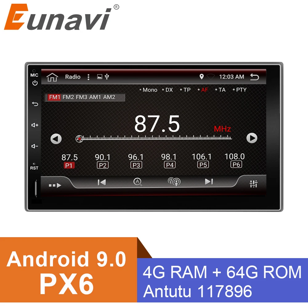 

Eunavi 2 Din Octa Core android 9.0 car player universal GPS Navigation stereo radio with WIFI+bluetooth+SWC+RDS 4G+64G RK3399