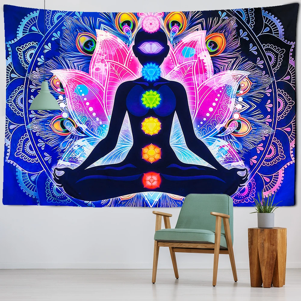 Wall Hanging Indian Buddha, Meditation 7 Chakras Tapestry Wall Hanging, Mandala Psychedelic Yoga Tapestry, Bohemian Hippie Backg 5