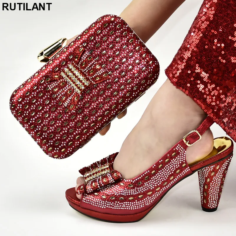 

Ladies Shoes with Matching Bags Set Decorated with Rhinestone Nigerian Shoes and Matching Bags Set for Wedding Buckle Strap