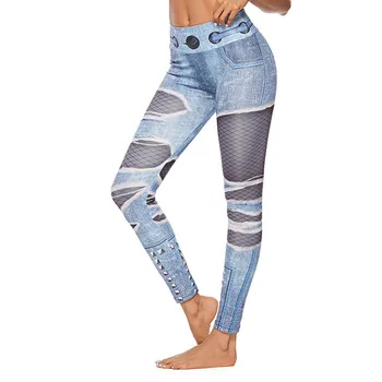 

Fashion Fake Jeans Printed Workout Leggings Women Fitness Leggins Blue Patchwork Print Home Casual Pants High Waist Spring Thin