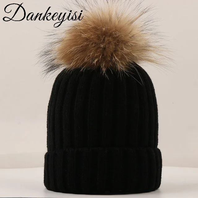 DANKEYISI шарик из меха норки шапка с меховыми помпонами Skullies Beanies зимняя шапка для мальчиков и девочек вязаная шапка бини женский головной убор из плотной ткани - Цвет: black