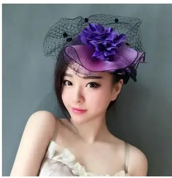 

Purple Bride Feather Top hat net yarn headdress Famous woman banquet retro party Performing Hair Decoration Evening Dress Acces