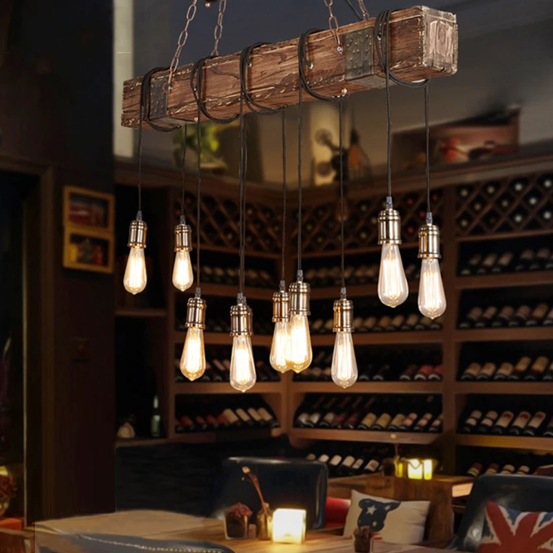10 Lights American Loft Pendant Lights E27 LED Wooden Vintage Hanglamp Fixtures For Living Room Decoration Luminaire Suspension (9)
