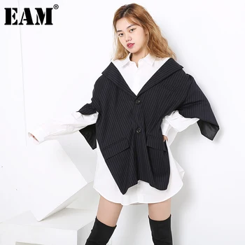 

[EAM] Women Black Striped Split Big Size Long Blouse New Lapel Long Sleeve Loose Fit Shirt Fashion Tide Spring Autumn 2020