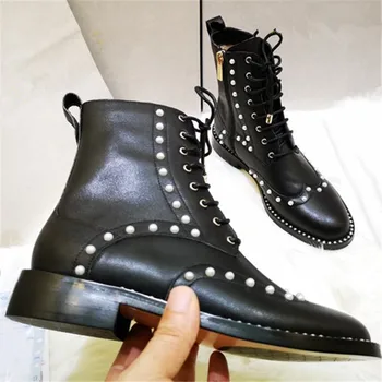 

Boots Women Pearl Shoes Woman Leather Lace Up ботинки женские Zipper Zapatos De Mujer Black обувь женская Ankle Women Shoes