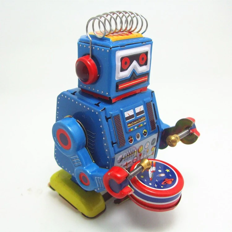Retro Clockwork Wind Up Metal Walking & Drumming Robot Toy Collectible Kids Gift
