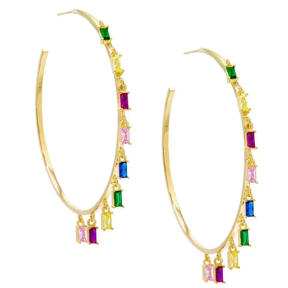 Большой круглый обруч 48 50 мм с золотым наполнителем Радужный Зеленый cz Багет