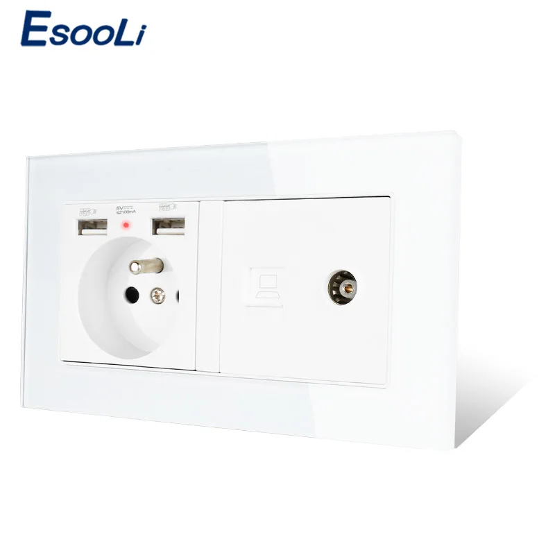 Стеклянная панель ESOOLI французская стандартная электрическая розетка с 2 USB + RJ45