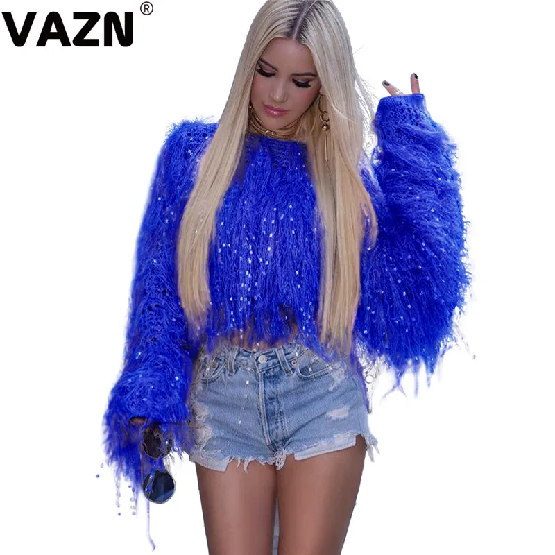 VAZN ZSC052 зима Тяжелая индустрия с блестками Сексуальная нежная мода полный рукав Дикий Джокер женщин круглый вырез тонкий шерстяной свитер