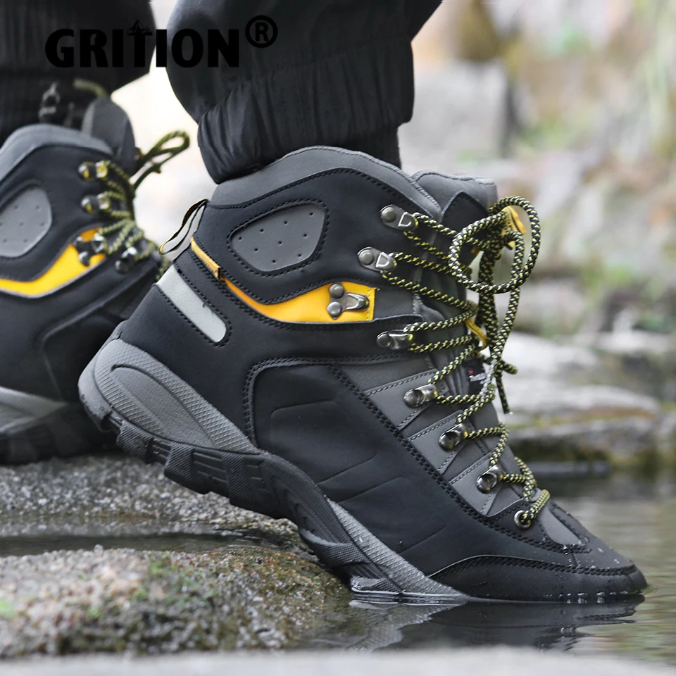 GRITION Mens Hiking Boots Waterproof Work Boots Slip Resistance Outdoor Lightweight Lace Up Trainers Winter Warm Breathable Shoes 