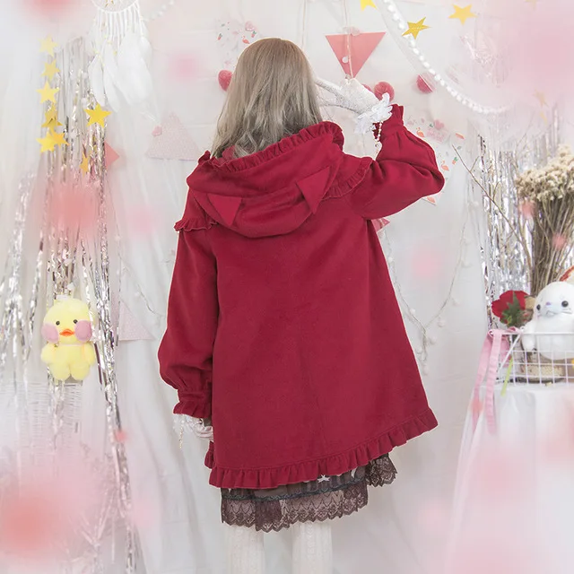 Красная Шапочка для верховой езды; милое шерстяное пальто в стиле Лолиты; сезон осень-зима; Женское шерстяное пальто в стиле ретро с оборками и пуговицами в викторианском стиле; шерстяное пальто принцессы