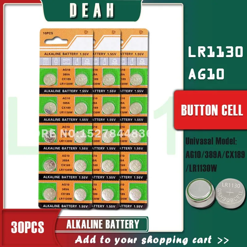 DEAH 30PCS 1.55V AG10 LR1130 Alkaline Cell Coin Battery AG 10 SR54 189 389 SR1130 L1131 G10A Button Batteries For Watches Toys |