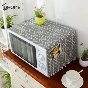 

Linen Microwave Cover Geometric Print Microwave Oven Hood Oil Dust Cover with Storage Bag Kitchen Accessories Home Decoration