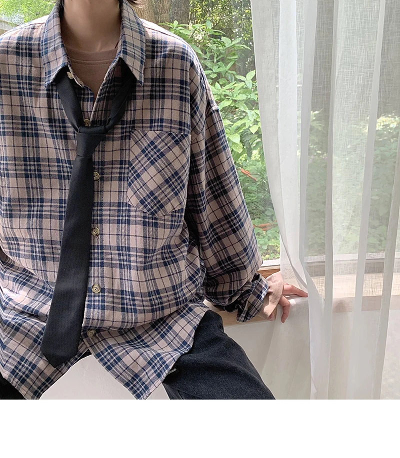 Мужская рубашка новая летняя Тонкая Клетчатая рубашка с длинным рукавом Свободная Повседневная рубашка с отворотом модная индивидуальная одежда для молодых мужчин