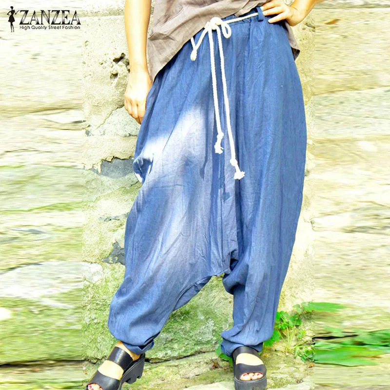 2019 женские шаровары ZANZEA Pantalon Femme Осень Лето Плюс Размер эластичная талия прямая промежность длинные брюки уличная одежда больших размеров