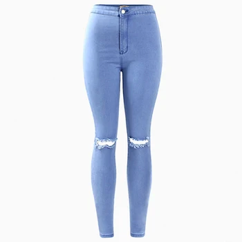 

Women Fashion Hollow Solid Color Slim Long Pencil Pants Mid Waist Stretch Ripped Knees Skinny Denim Jeans Plus Size S-2XL