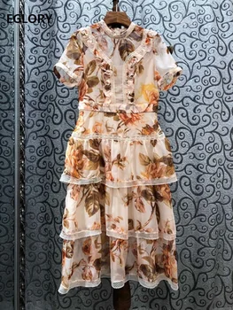 

Top Quality New 2020 Summer Style Dress Women Elegant Flower Print Ruffle Lace Patchwork Short Sleeve Mid-Calf Length Dress Chic