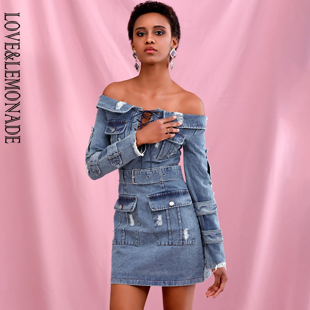 Женское джинсовое платье LOVE & LEMONADE с открытыми плечами и вырезами длинными