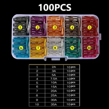 100/50Pcs Carro Fusível Variedade Set Auto Caminhão Do Carro Tamanho Da Lâmina Tipo de Perfil Pequeno 2.5/3/5/7.5/10/15/20/25/30/35A Fusível com Caixa