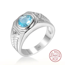 Men Aquamarine Gemstones Blue Zircon Rings for Men Vintage Luxury S925 Sterling plata Wedding Jewelry Bijoux Bague for Gifts