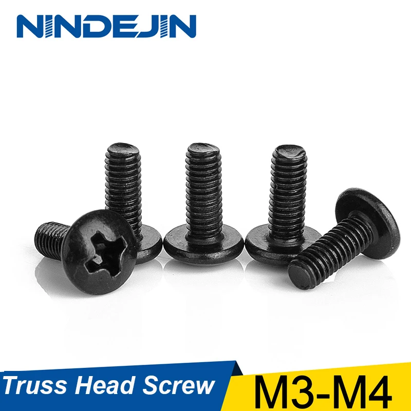 Ninejin-tornillo de cabeza de champiñón de acero al carbono, tornillos Phillips, M3, M4, TM, negro, 30/40 Uds.