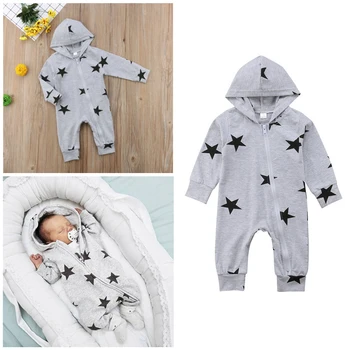 

2019 Newborn Infant Baby Girls Boys Stars Print Hooded Zipper Romper Jumpsuit Outfits Newborn Jumpsuits Fashion Popular Pretty