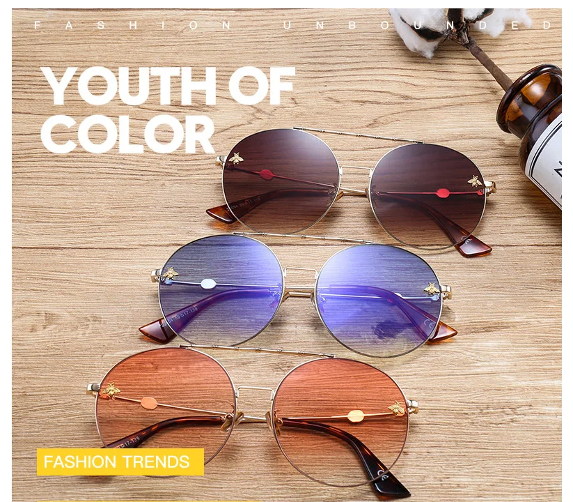Q·VISELD Gradient Round Sunglasses Women Retro Metal Bee Sun Glasses Fashion High Quality Vintage Lunette De Soleil Femme