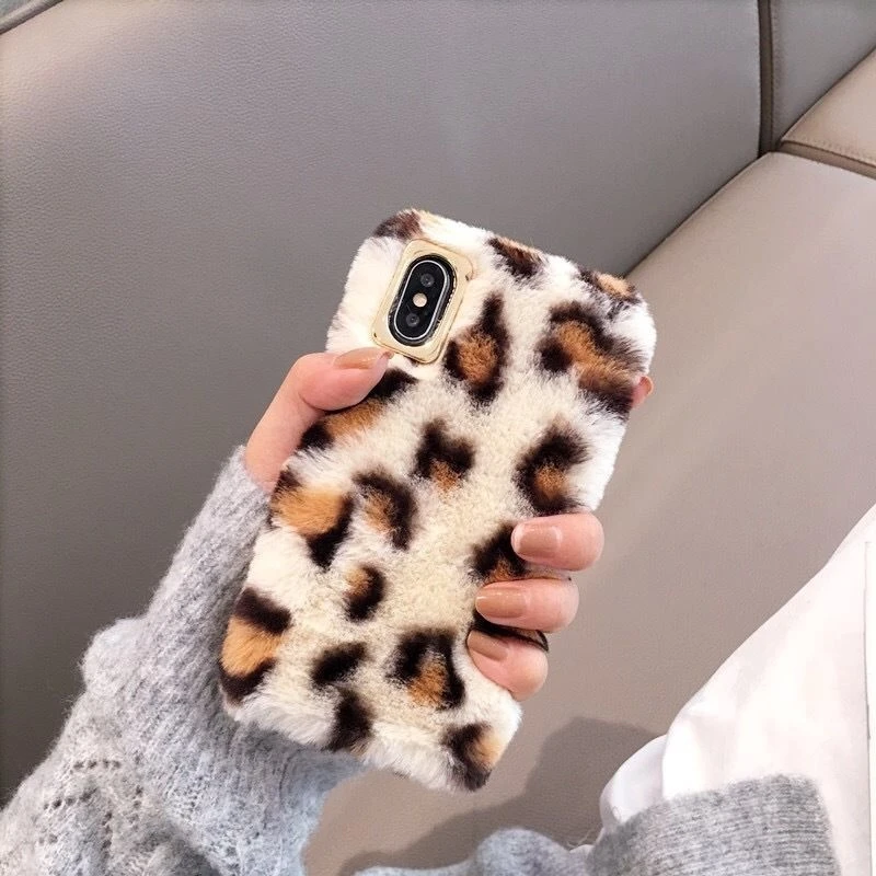 Милый пушистый мех кролика чехол для телефона iPhone X XS Max XR 8 7 6 6S Plus Леопардовый