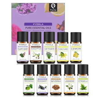

Pyrrla 8ml 10 pcs/Set with Gift Box Pure Essential Oil Lemon Rosemary Vetiver Ylang Jasmine Myrrh Patchouli Eucalyptus sage Oil