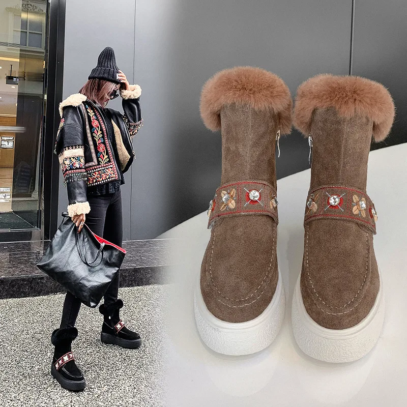 

Rabbit Fur Snow Boots Women's Short 2019 New Style Genuine Leather Platform Thick Bottomed plus Velvet Short Boots Brown High He