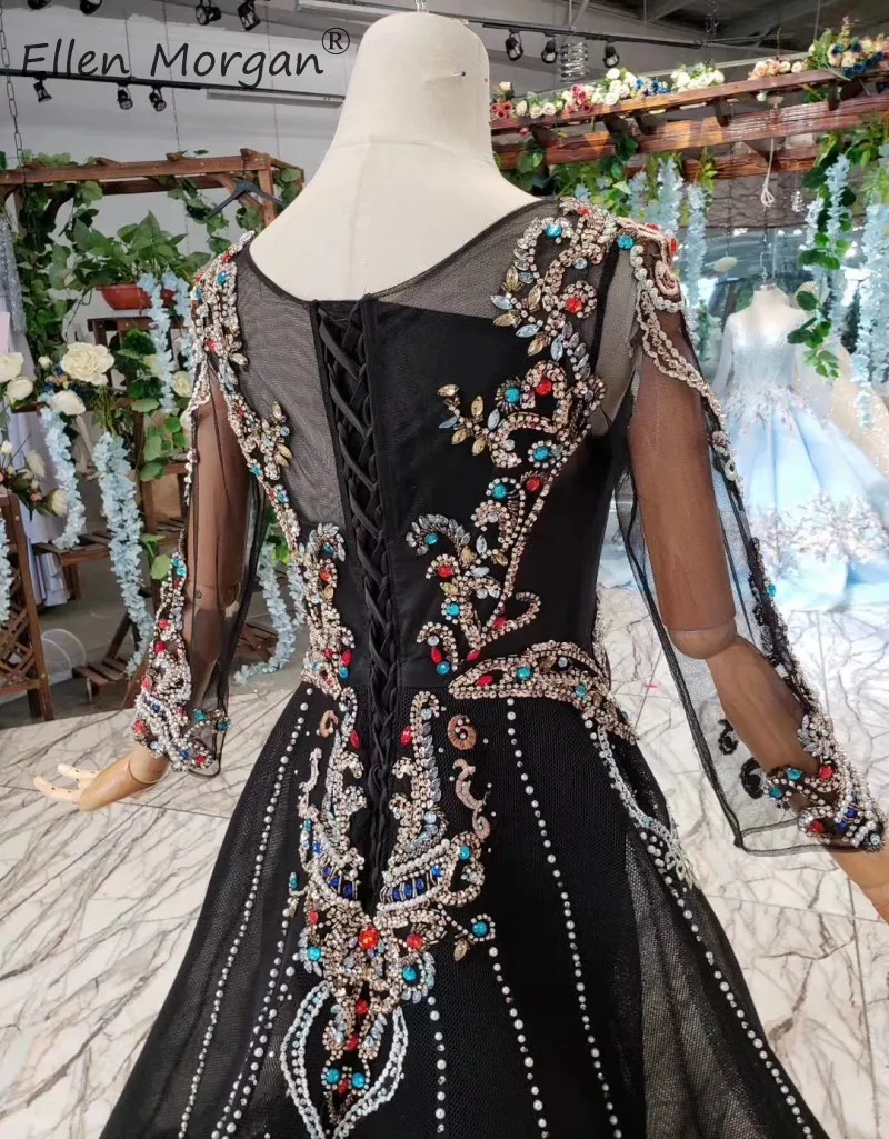 Элегантное арабское вечернее платье русалки 2019 Vestidos de gala Роскошные Длинные рукава хрустальные бусины черные тюлевые платья для