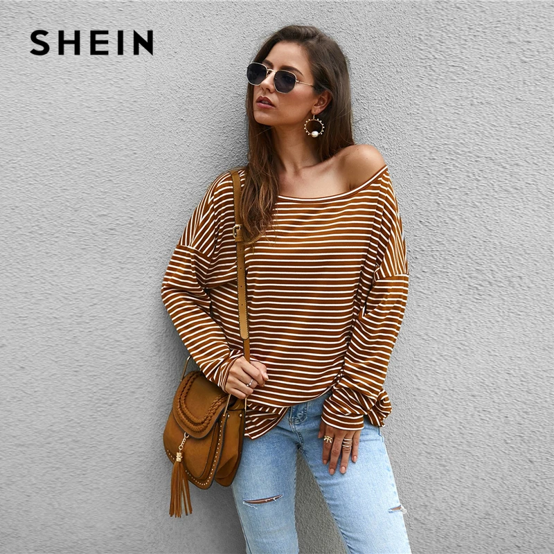 SHEIN полосатый принт Асимметричная Шея негабаритная футболка Женские топы Падение плеча осень длинный рукав Свободная Повседневная футболка Топы