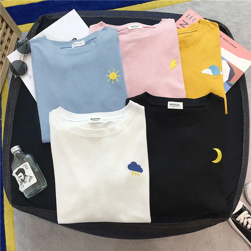 Корейские женские футболки ulzzang, harajuku, забавная футболка с вышивкой, осенняя Повседневная Свободная футболка с длинным рукавом, черные и белые топы