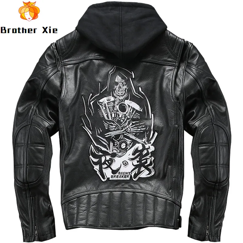 

2020 Vintage Men's Genuine Leather Jackets Skull Embroidery Motorcycle Leather Hooded Jackets Cow Leather Slim fit Coat for Male