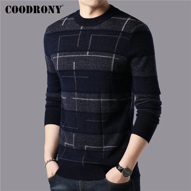 COODRONY Brand 100% Merino Wool Sweater Men Fashion Plaid Pull Homme Winter Thick Warm Sweaters Soft Cashmere Pullover Men 93046